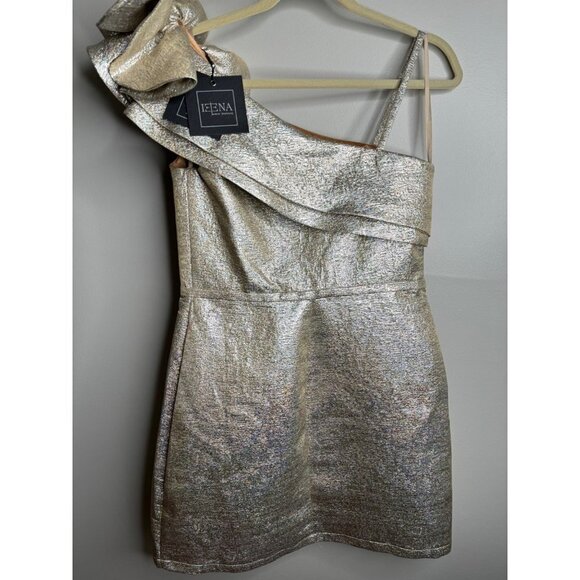 Mac Duggal 55380 Ruffle Neckline Gold Metallic Mini Dress in Oyster Size 8 NWT - Picture 5 of 6